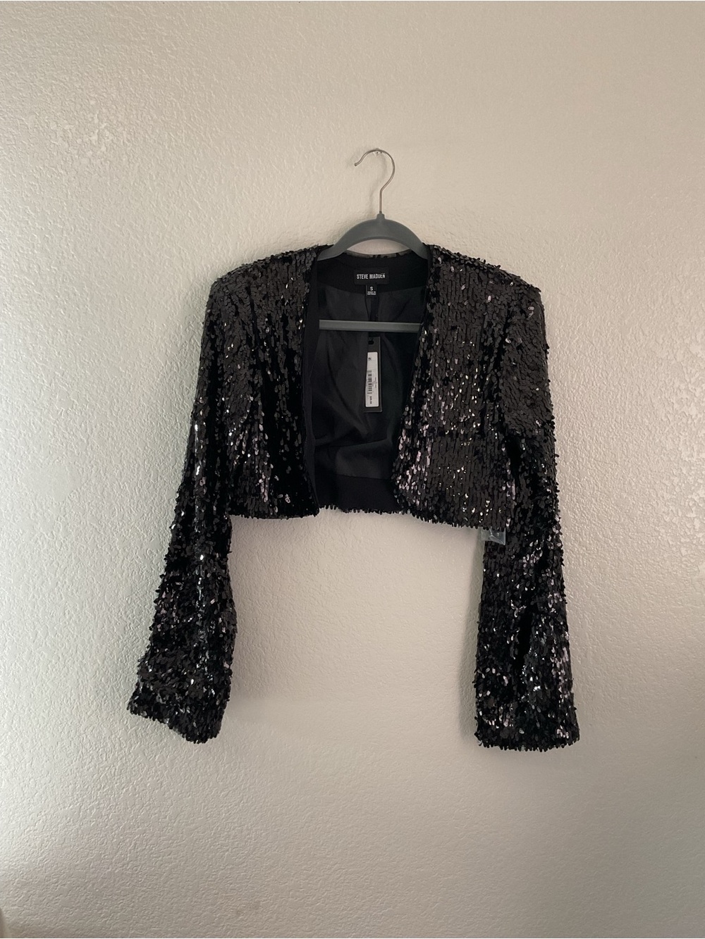 Steve Madden Black Sequin Cropped Blazer Shimmer Bolero Jacket Holiday Party